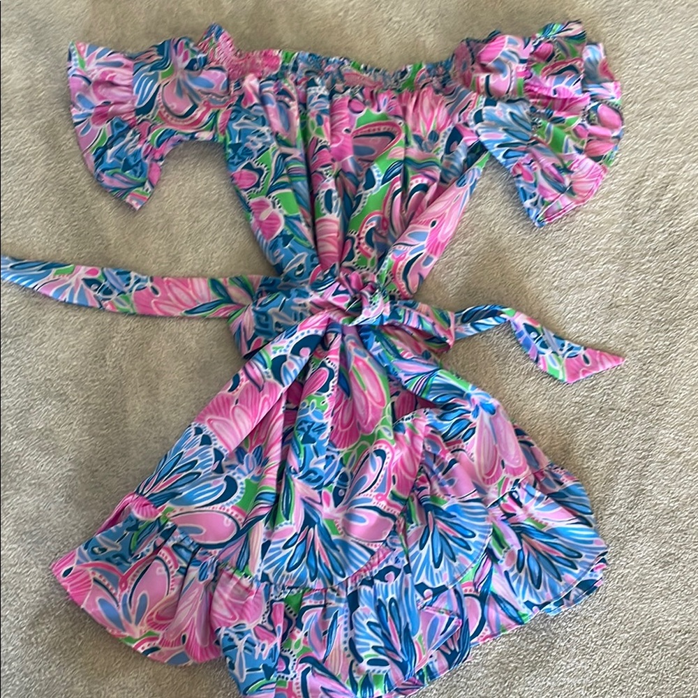 Lilly Pulitzer Floral Off-Shoulder Dress in Pink and Blue Size M Tie Waist